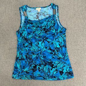 Yvos Womens Floral Sleeveless Blouse Blue Green Medium Cowl Neck Polyester Spand